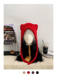 1 pièce Chapeau tricoté noir avec oreilles de chat et petite queue, automne/hiver - Multicolore - Voir 17