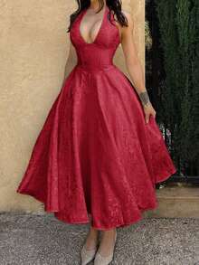 Unadoll Women's Winter Sexy Bareback Hanging Neck Collar Strap 3D Jacquard Fabric Elegant Dress, Suitable For Dinner, Date, School Start, Cocktail Party, Wedding Event, Christmas, Thanksgiving