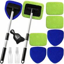 11pcs Auto Windshield Cleaning Kit With 6 Reusable Microfiber Pads, 2 Spray Bottles, Extendable Handles - Green, Popular Auto Cleaning Essential - Blue & Green - 查看 12
