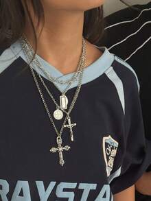 4pcs/8pcs Set Elegant Luxury Geometric Fine Chain Cross Pendant Necklace Set, Fashionable & Graceful For Couples, Suitable For Vacation, Party, Casual Daily Wear, Street Style, Holiday, Birthday, Versatile Necklace Gift - Necklace - View 15