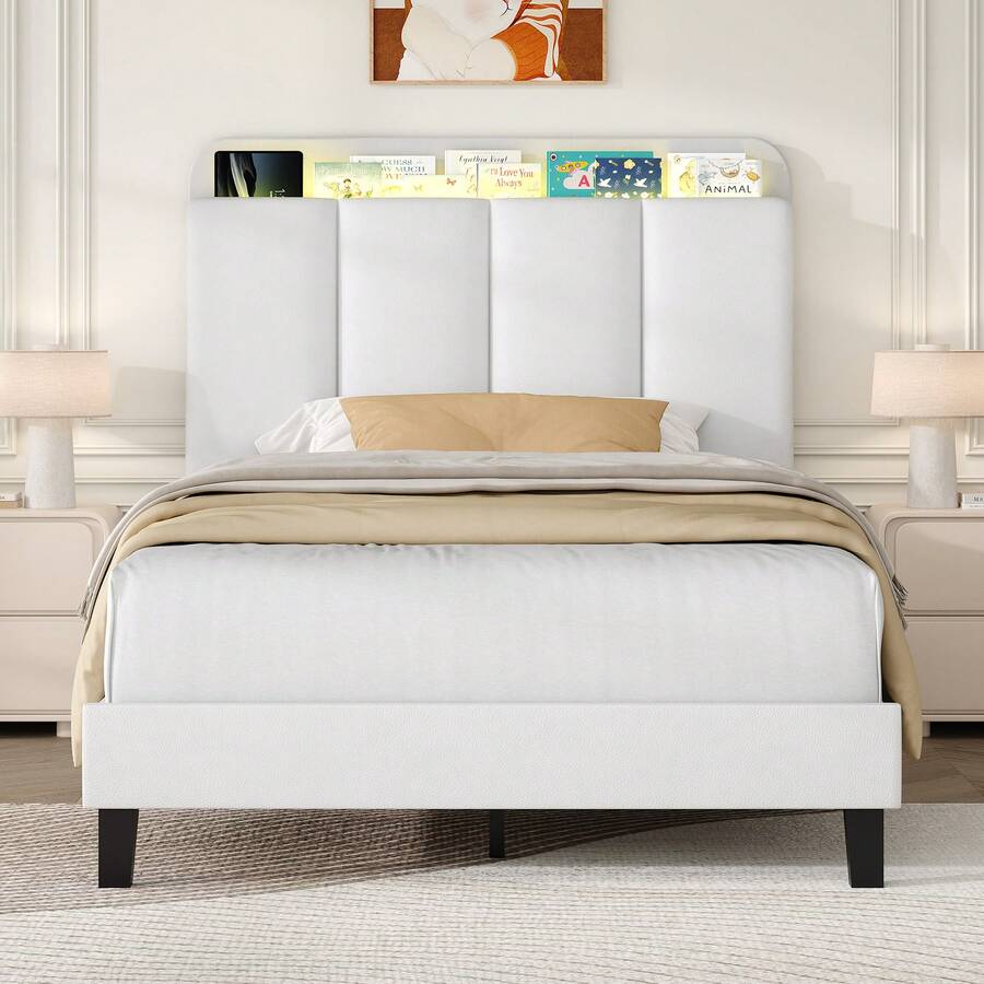 Bed Frame With Storage Headboard, Bed Frame With LED Lights, No Box Spring Needed, Easy Assembly, White/ Black(USB LED Strip) - 白色 - 查看 1