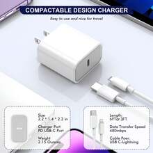 FCV 多件装 20W PD USB C 墙式快速充电器适配器，带 3 英尺/6 英尺 Type C 转 Lightning 数据线，兼容 14 13 12 11 Pro Max XR XS X SE [不兼容 15/16/17 系列] - 白色 - 查看 8