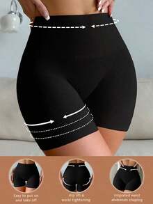 1/2 pieza Shorts De Compresión Para Mujer De Cintura Alta En Color Sólido,Bragas sin costuras con forma para mujeres, shorts de deslizamiento, ropa interior de control de abdomen - Negro - Ver 1