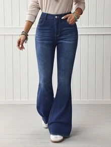 EMERY ROSE 女士简约日常喇叭牛仔裤 西方女装 - 深色水洗藍 - 查看 4