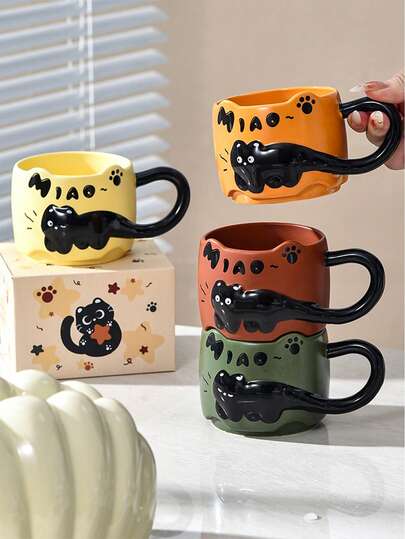 Juego de tazas de gato apilables, tazas de gato negras, tazas de café de cerámica con relieve, tazas de leche, decoración de restaurante, adornos de sala de estar, tazas de cerámica creativas, vasos para beber, colores vibrantes, adecuadas para entretener invitados, juego de tazas con asa de gato para el hogar, porcelana reforzada, resistente al calor, apto para microondas, horno, esterilizador y lavavajillas