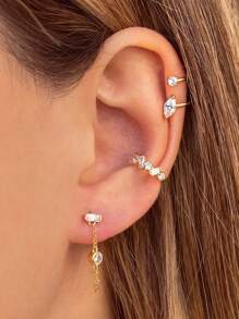 1 件精致 925 纯银马眼锆石耳环，带吊坠，防过敏金耳环，适合女士日常佩戴 - 長方形+圓形鋯石耳夾 - 查看 4