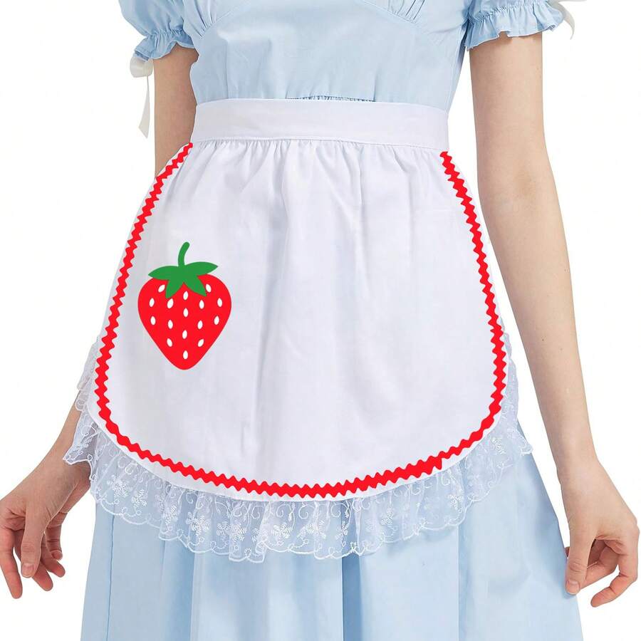 1pc Ruffled Cute Strawberry/Black Bow White Short Apron, Adorable Waist Half Apron, Smooth & Soft, Suitable For Outfit Decor/Kitchen Baking