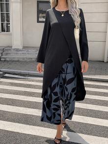 Conjunto de 2 piezas de camisa de manga larga con cuello redondo y bajo asimétrico casual + pantalones estampados con flores, diseño asimétrico/asimétrico sin superposición, patrón de plantas/hojas