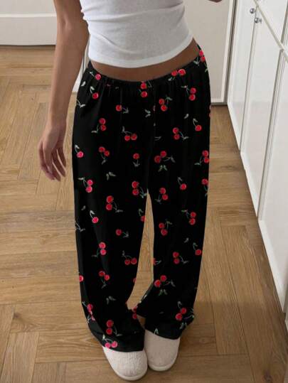 1pc Black & Red Cherry Print Elastic Waist Straight Loose Casual Pajama Pants