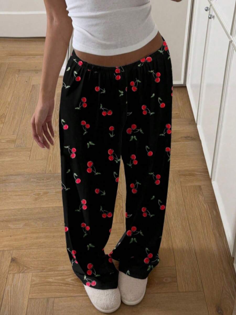 1pc Black & Red Cherry Print Elastic Waist Straight Loose Casual Pajama Pants, Winter - Black - View 1