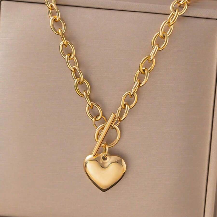 1pc Fashionable Summer Golden Stainless Steel OT Buckle Heart-Shaped Pendant Necklace, Suitable For Women, Versatile Jewelry Accessory Gift, USA, No Gift Box Included Valentines - Vàng - Xem 1