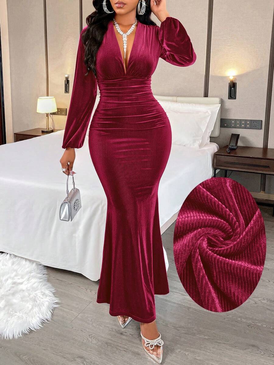 AIJ Elegant Mid-Stretch Fitted Long Dress, Women's V-Neck Ruched Long Sleeve Evening Gown, Suitable For Formal Occasions And Evening Wear - Burgundy - View 1