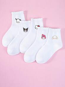 1/5 pares de calcetines para niños con estampados de Hello Kitty, Kitty, KT Cat, My Melody, Kuromi, Pochacco, Cinnamoroll, con puños con volantes