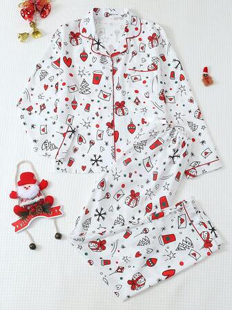 女士睡衣套装，舒适圣诞礼盒糖果印花长袖纽扣领上衣和蝴蝶结长裤休闲套装，适合圣诞居家穿着，冬季服装