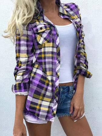 Plus Size Plaid Print Turndown Collar Front Button Pocket Shirt, Long Sleeve