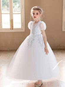 青少年女孩白色泡泡袖派对礼服，花童婚礼薄纱礼服 - 白色 - 查看 2