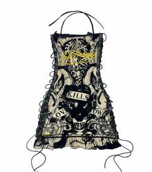 High Quality Fashionable Retro Halloween Skeleton Positioning Print Oil Painting Drawstring Strapless Suspender Dress - 骷髏黑 - 查看 1