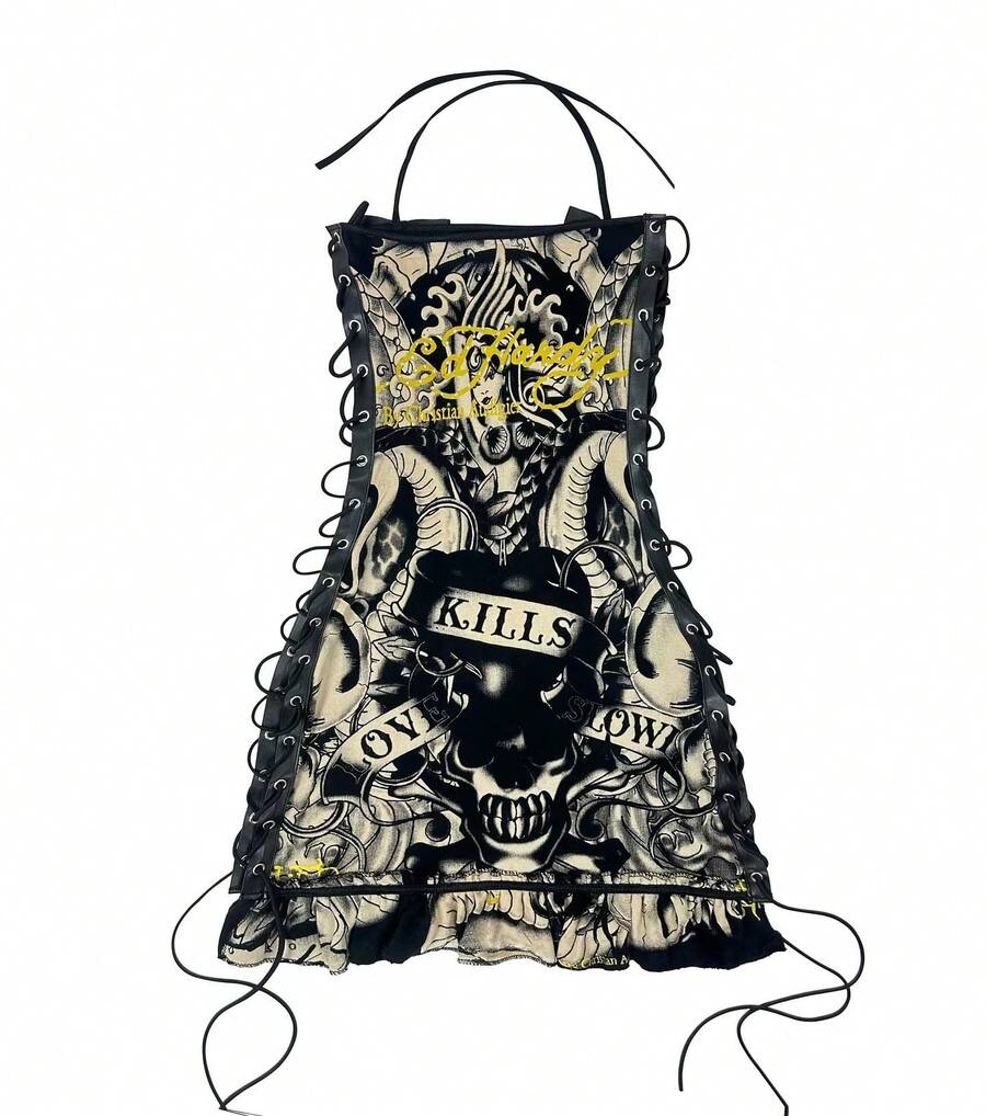 High Quality Fashionable Retro Halloween Skeleton Positioning Print Oil Painting Drawstring Strapless Suspender Dress - 骷髏黑 - 查看 1