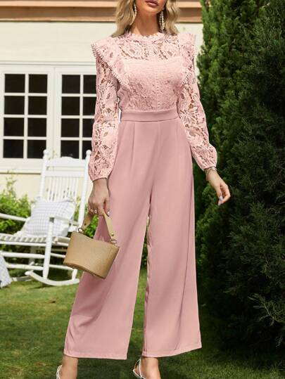 Simplee Tuta a maniche lunghe elegante in tinta unita con patchwork di pizzo e vita stringata per donne per primavera/estate