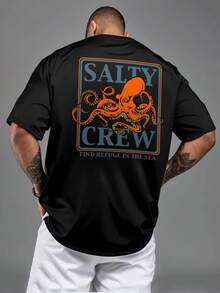 Men's "Salty Crew" Pattern T-Shirt - Casual Short-Sleeved, Eye-Catching Blue And Orange Octopus Print, Machine Washable, The First Choice For Summer Outing Gifts, Outdoor Adventure Clothing, Bright Design, Breathable Fabric - 黑色 - 查看 2