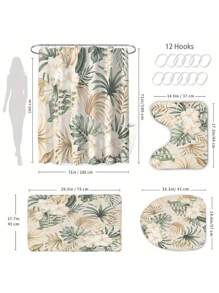 1pc Gold & Green Floral Waterproof Polyester Shower Curtain, Includes 12 Hooks, Bathroom Accessory & Decor Bathroom Decor