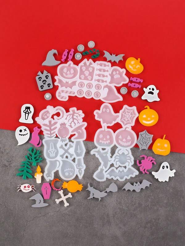 1 pieza Molde de resina para colgante de Halloween con diseños de calabaza, calavera, araña, murciélago y fantasma para hacer aretes, llaveros y manualidades de resina epoxi