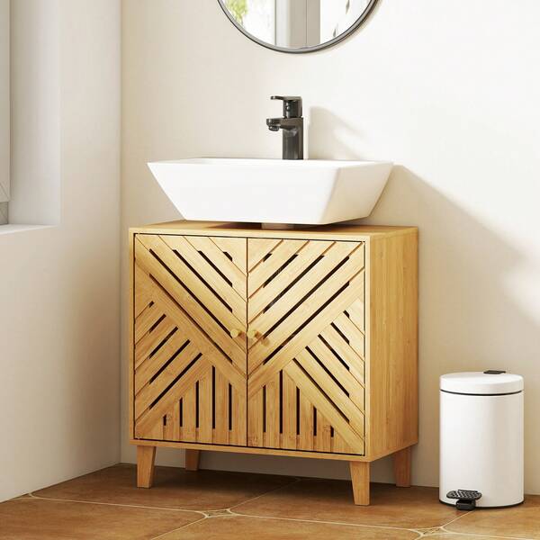 HOMCOM Under Sink Bathroom Cabinet, Bamboo Freestanding Under Sink Cabinet With Adjustable Shelf And Slat Doors For Basin Without Pedestal, Natural
