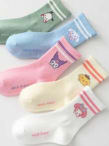 5 pares de calcetines de colores de macarrón para niños, combinados con dibujos animados, mediasuela, barras paralelas, estilo universitario, calcetines estudiantiles y calcetines casuales simples de moda diaria