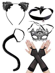 D EXCEED 2/3/4/5 pièces Ensemble de serre-tête à oreilles de chat en dentelle, masque pour les yeux et collier à clochette pour femmes - pour le cosplay d'anime, les fêtes d'Halloween - Multicolore - Voir 11