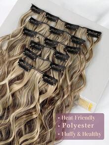 Clip In Hair Extensions,6PCS Hair Extensions Long Mermaid Waves Wavy Synthetic Clip On Hairpiece For Women 24 Inch Ash Brown With Blonde Highlights