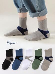 5 Pairs Kids' Colorblock Socks (Ages 3-12) - Soft And Versatile Sports Mid-Calf Socks Suitable For Older Children And Teenagers, Minimalist Style