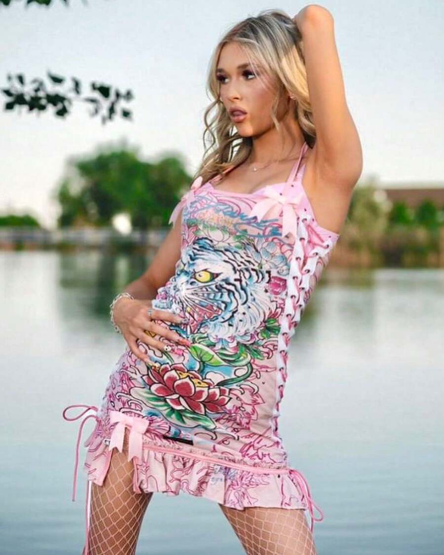 High Quality Fashionable Retro Halloween Skeleton Positioning Print Oil Painting Drawstring Strapless Suspender Dress - 櫻花粉 - 查看 1