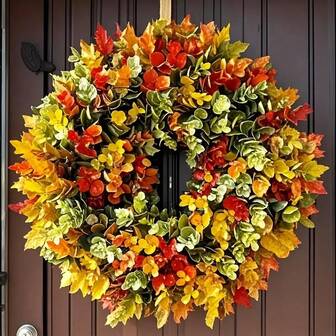 1 st elegant konstgjord blomsterkrans - realistiska orange, gula, röda, gröna höstlöv - väderbeständig inomhus-/utomhusdekoration för Thanksgiving, jul, Halloween - underhållsfri, hållbar plastmaterial - perfekt för hemmet, festen eller året runt-dekoration, högtidsdörrdekoration, problemfria heminredningsdetaljer, skapande av högtidsatmosfär, feststyling, bästa julvalet, Thanksgiving-dekoration