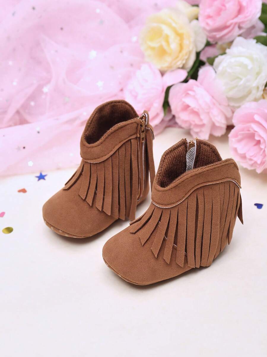 yibubu 棕色婴儿鞋，时尚流苏女童靴，西部牛仔婴儿学步鞋，防滑橡胶底新生儿平底鞋 - 棕色 - 查看 1