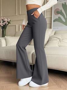 女士高腰纯色喇叭裤，带侧袋，适合休闲、运动、瑜伽、打底、跑步、健身等场合。 - 淺灰紫 - 查看 2