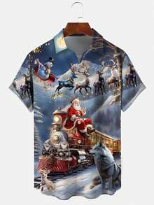 Christmas Santa Claus Print Men's Button Pocket Short Sleeve Shirt - Blue - View 2