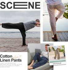 Pantalones casuales de algodón y lino para hombre ESTAMICO, de corte holgado, con cintura elástica y cordón, para verano y playa - Caqui - Ver 8
