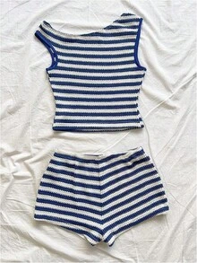 Wom's 2 Piece Striped Outfits Off Shoulder Crop Tops And Shorts Set - 藍白色 - 查看 2