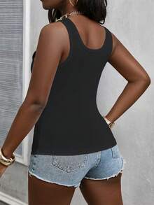 Women's Fashion Ribbed Knit V-Neck Regular Camisole, Polyester Stretchy Pleated Sleeveless Tank Top - Gray+Blue+Black - View 2