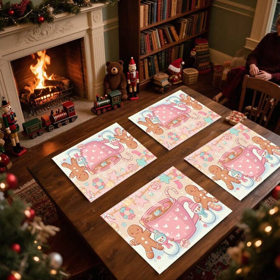 1 set/1 pieza/4 piezas/6 piezas/100 piezas Manteles individuales con estampado de hombres de jengibre y muñecos de nieve, adecuados para decoración del hogar, regalos de cumpleaños, regalos de festivales, decoraciones de cocina y fiestas, se pueden dar como regalos de Navidad