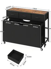 Wäschesortierer, Wäschekorb mit Rollen und 4 herausziehbaren Beuteln, 300 L großer Wäschekorb-Organizer mit 3 Schubladen, Wäschesammler mit Rädern für die Organisation von Waschküche, Badezimmer, Schlafzimmer
