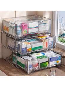 1-Pack Transparent Medicine Storage Cabinet With Sliding Doors - Multi-Drawer Organizer For Home, Bathroom & Kitchen - Durable Plastic No Assembly Required, Compact Space-Saving Design, Modern Home Accessory, Sleek Construction