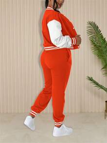 2pcs Women Casual Sports Style Patchwork Single-Breasted Baseball Jacket And Pants Set, Autumn/Winter