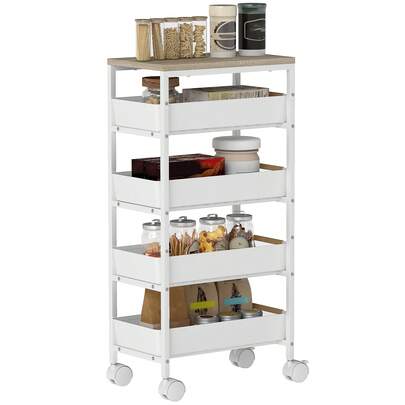  HOMCOM 5-Tier Storage Trolley On Wheels, Rolling Utility Cart With 4 Pull-Out Drawers, Mobile Kitchen Storage Rack For Living Room, Kitchen, Dining Room, Bedroom, Bathroom, White