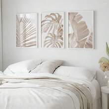 Conjunto de 3 peças de arte de parede com tema de plantas (sem moldura), trio de plantas, arte com estampa de folhas para imprimir, estampa de folhas tropicais, folhas abstratas, estampa de folhas de palmeira, decoração de parede moderna e minimalista com estampa floral e folhas em tons neutros. - Cinza - Ver 2