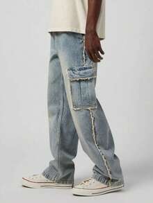 Men's Washed Vintage Pocket Cargo Straight Loose Fit Distressed Jeans