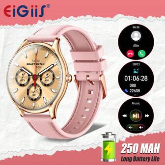 EIGIIS 男女通用智能手表，具有通话、计步器、多种运动模式、IP67 防水、睡眠记录、天气、音乐控制、秒表、1.43 英寸 AMOLED 高清全触摸圆形显示屏，兼容 Android 和 IOS