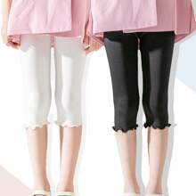 4 Pairs Summer Girls/Kids/Infants Ruffle Edge Capri Leggings, White/Gray/Black/Pink Solid Colors, Thin 3/4 Length Pants, Casual Cute Fashion, Soft & Comfortable Bottoms, Suitable For Daily Wear, Can Be Paired With Tops Or Skirts