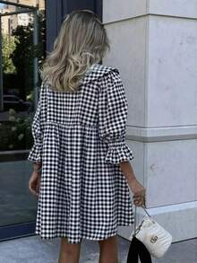 大码女式夏季通勤彼得潘领格子五袖连衣裙，优雅 - 黑灰格紋 - 查看 8