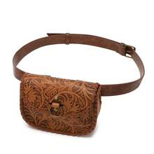 Women's Shoulder Bag Handmade Leather Carved Flower Fanny Pack Vintage Tan Adjustable Belt Mini Shoulder Bag Western Style Carved Leather Waist Bag Vintage Embossing Craft Versatile Crossbody Bag - 棕色 - 查看 3